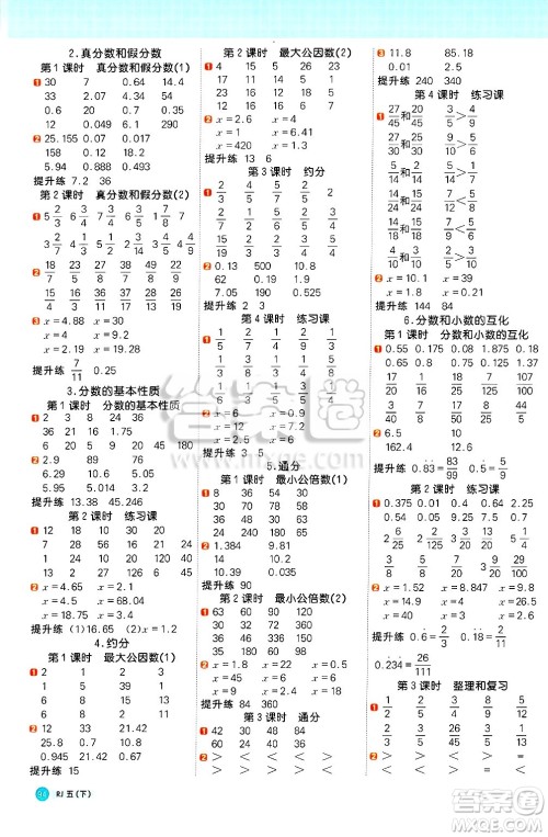 江西教育出版社2025年春阳光同学计算小达人五年级数学下册人教版武汉专版答案 江西教育出版社2025年春阳光同学计算小达人五年级数学下册人教版武汉专版答案