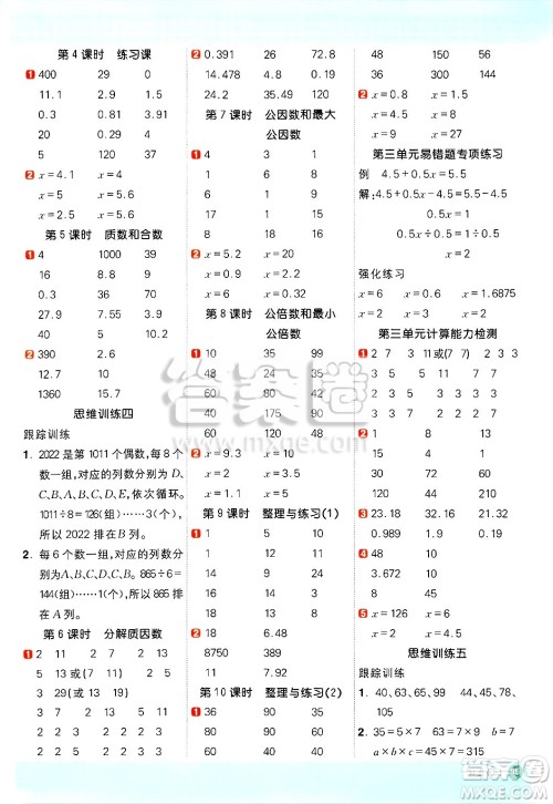 江西教育出版社2025年春阳光同学计算小达人五年级数学下册苏教版山西专版答案
