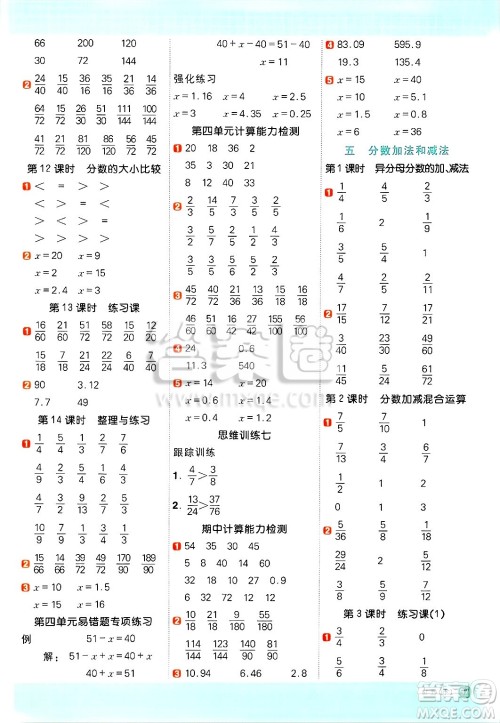江西教育出版社2025年春阳光同学计算小达人五年级数学下册苏教版山西专版答案