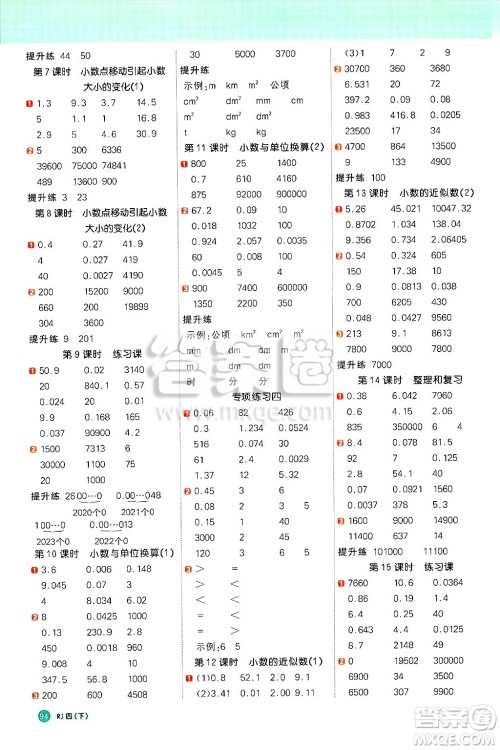江西教育出版社2025年春阳光同学计算小达人四年级数学下册人教版武汉专版答案