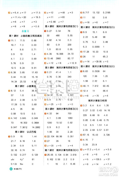 江西教育出版社2025年春阳光同学计算小达人四年级数学下册北师大版答案