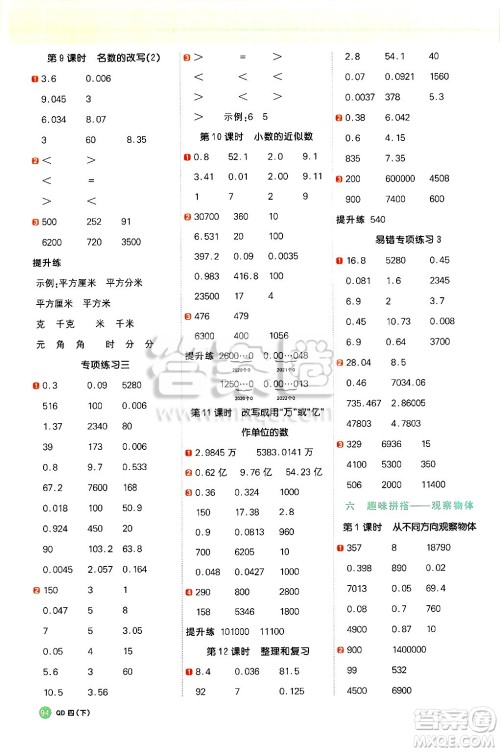 江西教育出版社2025年春阳光同学计算小达人四年级数学下册青岛版答案