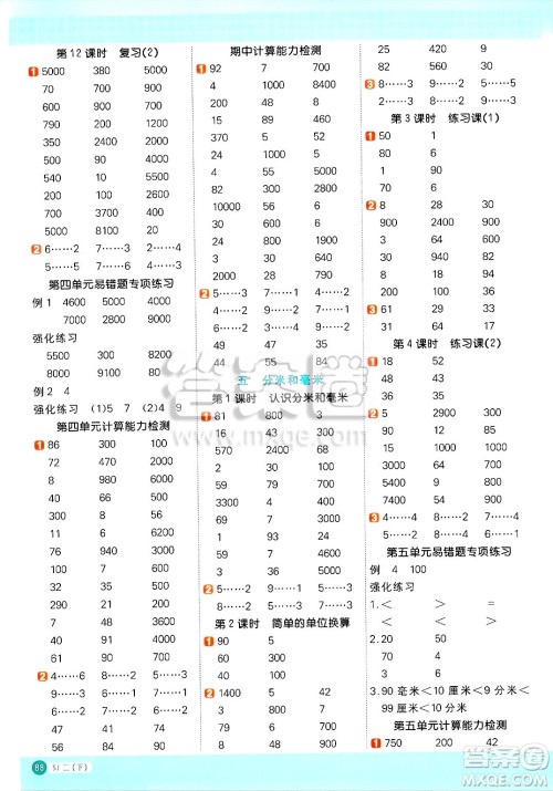 江西教育出版社2025年春阳光同学计算小达人二年级数学下册苏教版山西专版答案