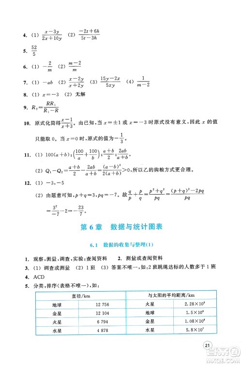 浙江教育出版社2025年春数学作业本七年级数学下册通用版答案