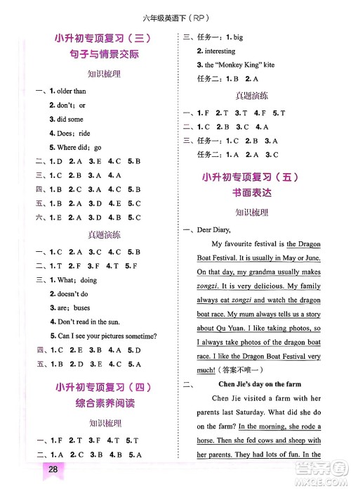 龙门书局2025年春黄冈小状元作业本六年级英语下册人教PEP版答案