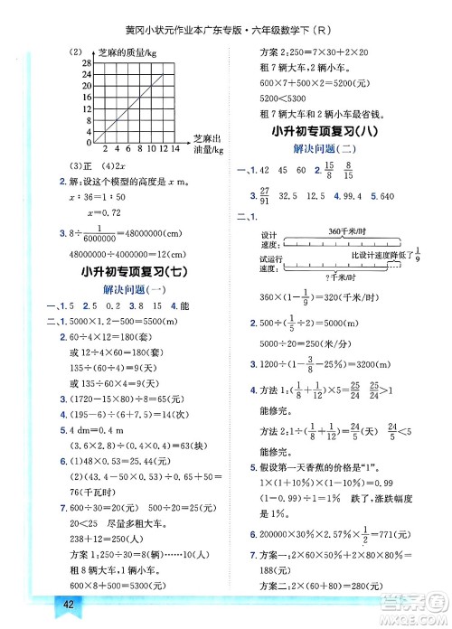 龙门书局2025年春黄冈小状元作业本六年级数学下册人教版广东专版答案
