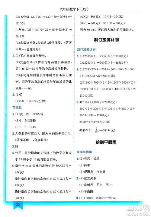 龙门书局2025年春黄冈小状元作业本六年级数学下册江苏版答案