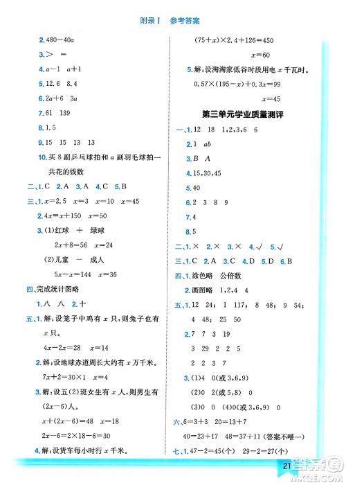 龙门书局2025年春黄冈小状元作业本五年级数学下册江苏版答案