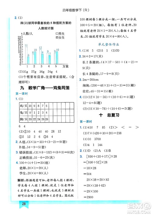 龙门书局2025年春黄冈小状元作业本四年级数学下册人教版浙江专版答案