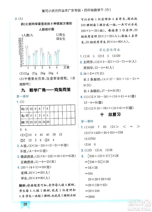 龙门书局2025年春黄冈小状元作业本四年级数学下册人教版广东专版答案