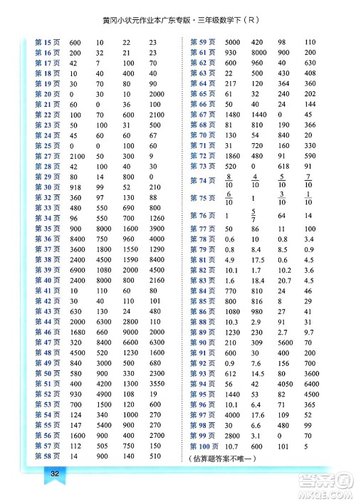 龙门书局2025年春黄冈小状元作业本三年级数学下册人教版广东专版答案