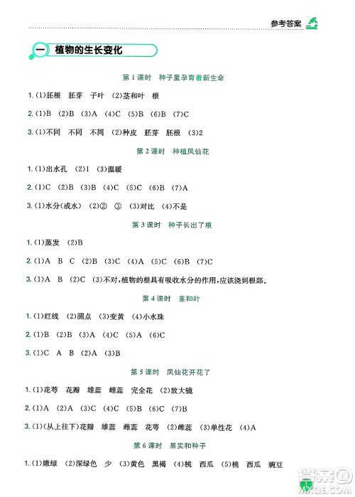 龙门书局2025年春黄冈小状元作业本四年级科学下册教科版答案