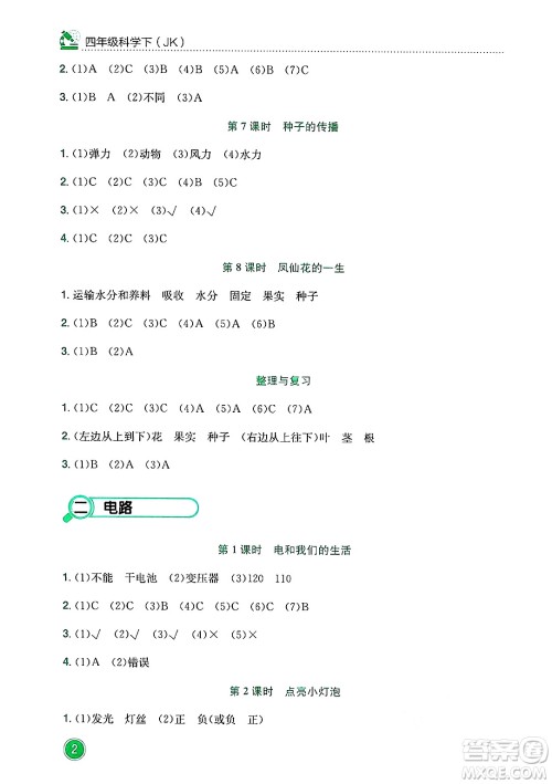 龙门书局2025年春黄冈小状元作业本四年级科学下册教科版答案