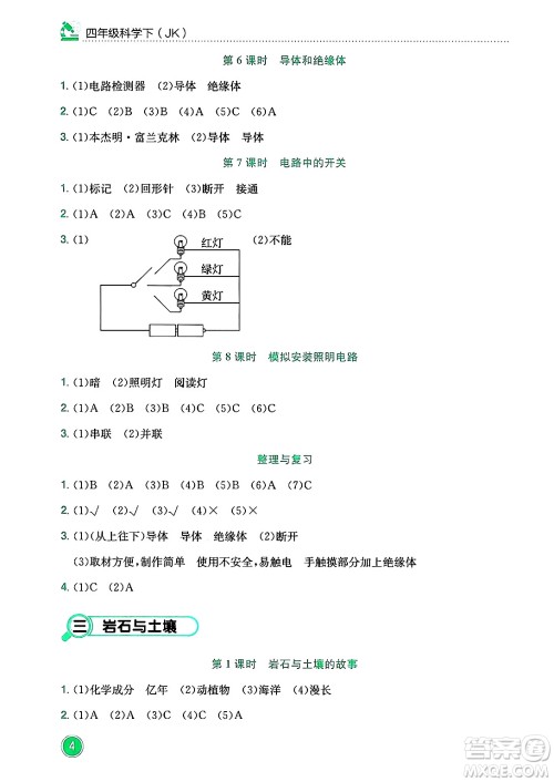 龙门书局2025年春黄冈小状元作业本四年级科学下册教科版答案