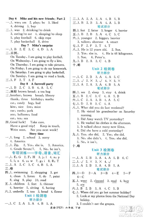 人民教育出版社2025年春人教金学典同步练习册同步解析与测评六年级英语下册人教PEP版云南专版答案