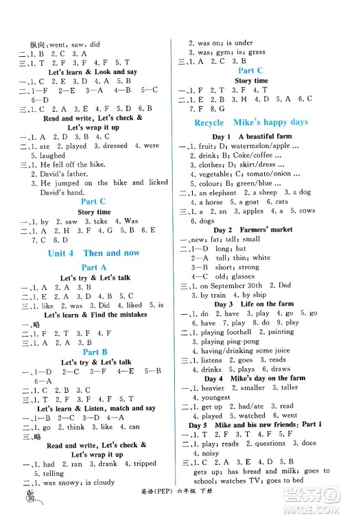 人民教育出版社2025年春人教金学典同步练习册同步解析与测评六年级英语下册人教PEP版云南专版答案