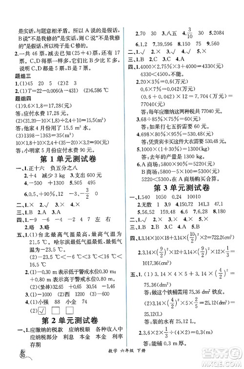 人民教育出版社2025年春人教金学典同步练习册同步解析与测评六年级数学下册人教版云南专版答案