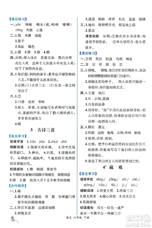 人民教育出版社2025年春人教金学典同步练习册同步解析与测评六年级语文下册人教版云南专版答案