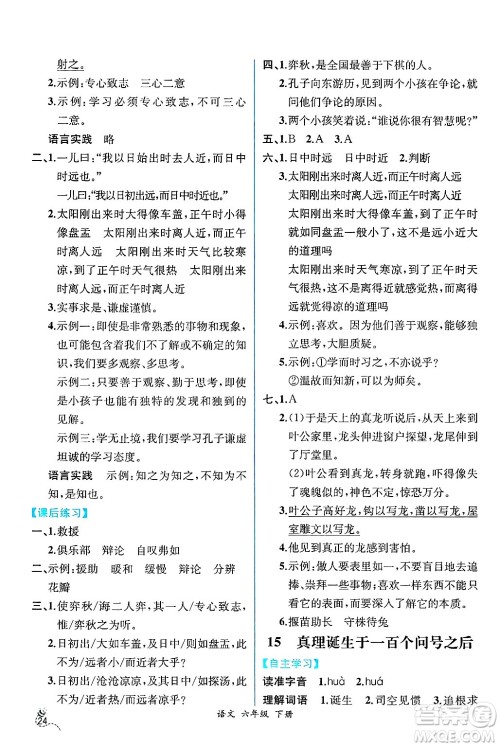 人民教育出版社2025年春人教金学典同步练习册同步解析与测评六年级语文下册人教版云南专版答案