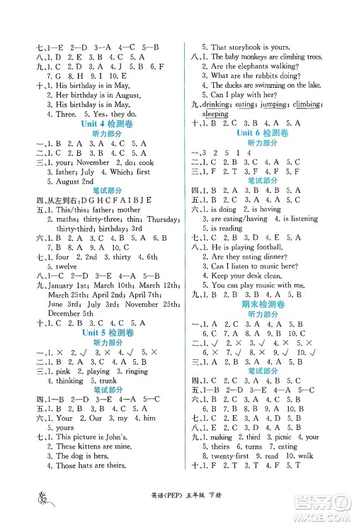 人民教育出版社2025年春人教金学典同步练习册同步解析与测评五年级英语下册人教PEP版云南专版答案