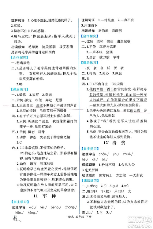 人民教育出版社2025年春人教金学典同步练习册同步解析与测评五年级语文下册人教版云南专版答案