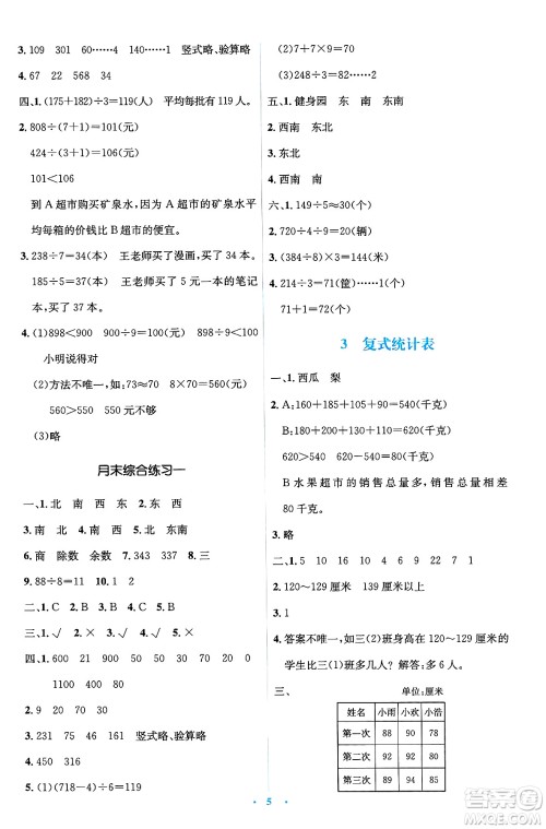人民教育出版社2025年春人教金学典同步解析与测评学练考三年级数学下册人教版答案