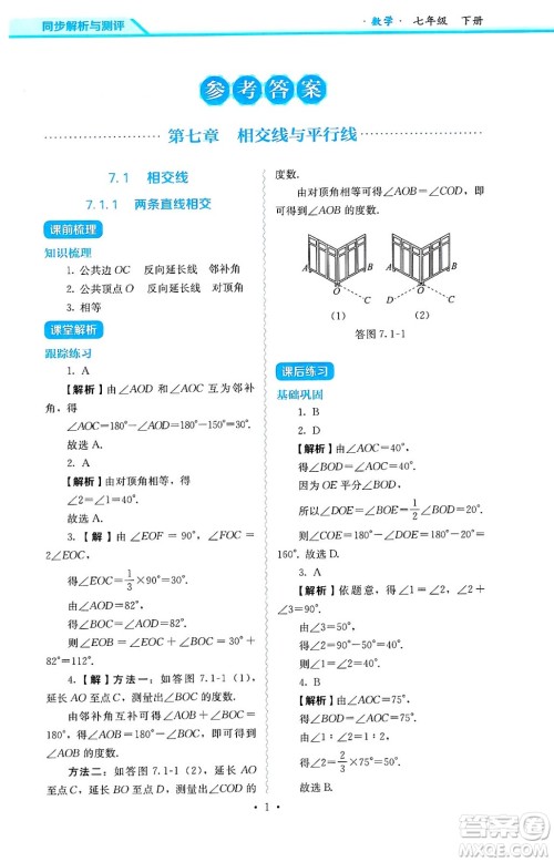 人民教育出版社2025年春人教金学典同步练习册同步解析与测评七年级数学下册人教版答案