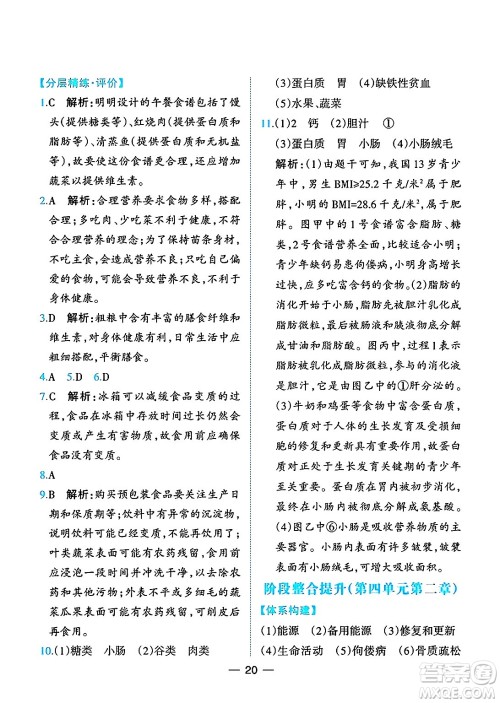 人民教育出版社2025年春同步解析与测评七年级生物下册人教版重庆专版答案