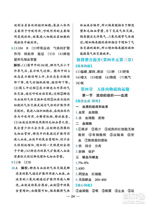 人民教育出版社2025年春同步解析与测评七年级生物下册人教版重庆专版答案