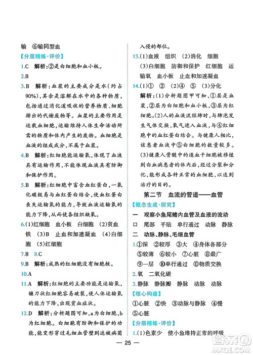 人民教育出版社2025年春同步解析与测评七年级生物下册人教版重庆专版答案