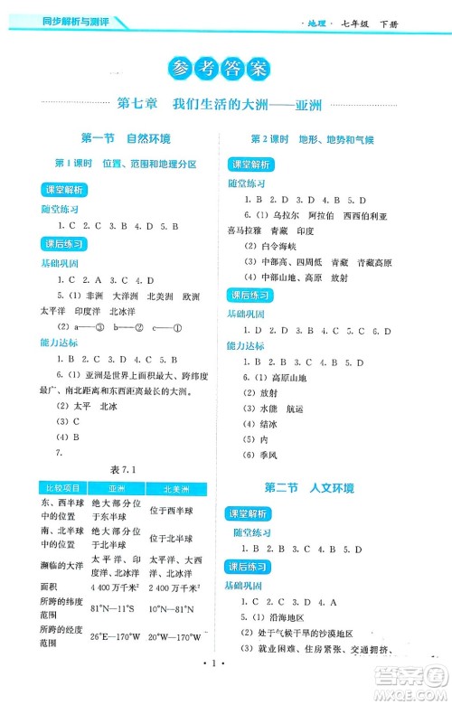 人民教育出版社2025年春人教金学典同步练习册同步解析与测评七年级地理下册人教版答案 人民教育出版社2025年春人教金学典同步练习册同步解析与测评七年级地理下册人教版答案