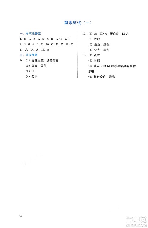 人民教育出版社2025年春人教金学典同步练习册同步解析与测评八年级生物下册人教版山西专版答案