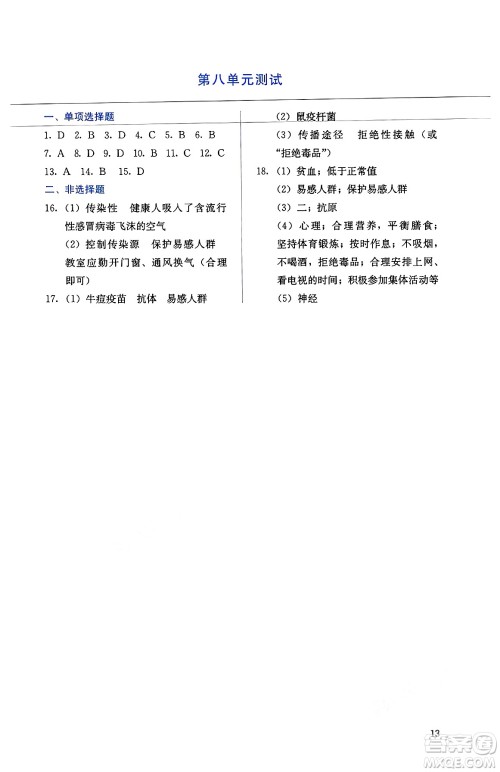 人民教育出版社2025年春人教金学典同步练习册同步解析与测评八年级生物下册人教版山西专版答案