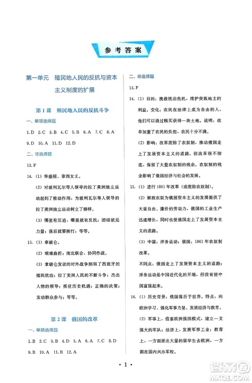 人民教育出版社2025年春人教金学典同步练习册同步解析与测评九年级历史下册人教版答案