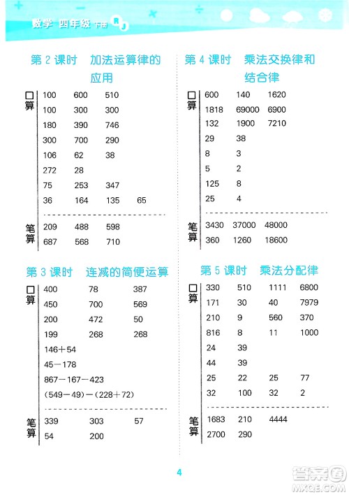 山东教育出版社2025秋小儿郎小学口算大通关四年级数学下册人教版答案