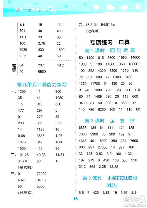 山东教育出版社2025秋小儿郎小学口算大通关四年级数学下册人教版答案