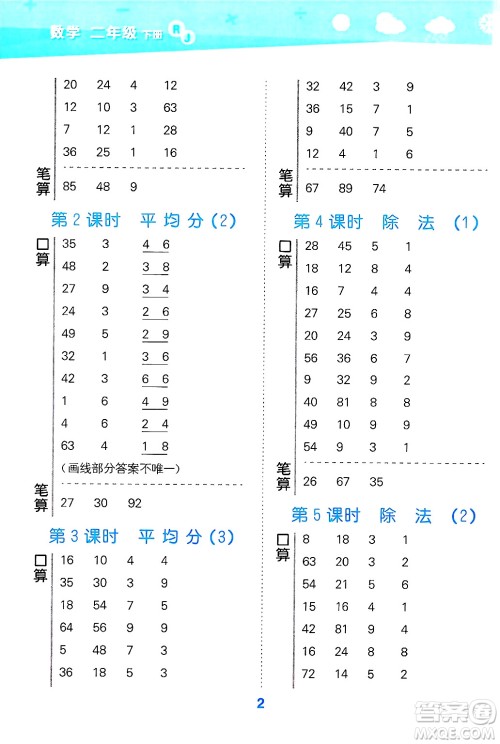 山东教育出版社2025秋小儿郎小学口算大通关二年级数学下册人教版答案