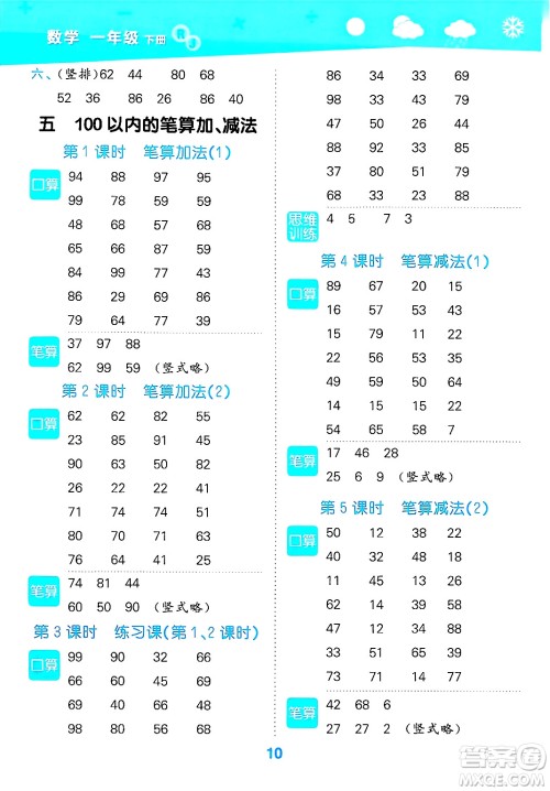 山东教育出版社2025秋小儿郎小学口算大通关一年级数学下册人教版答案