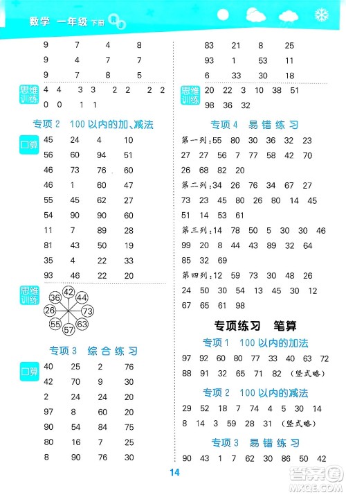 山东教育出版社2025秋小儿郎小学口算大通关一年级数学下册人教版答案