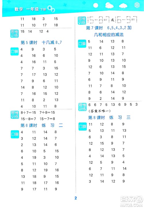 地质出版社2025年春小儿郎小学口算大通关一年级数学下册苏教版答案