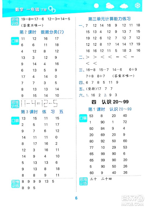地质出版社2025年春小儿郎小学口算大通关一年级数学下册苏教版答案