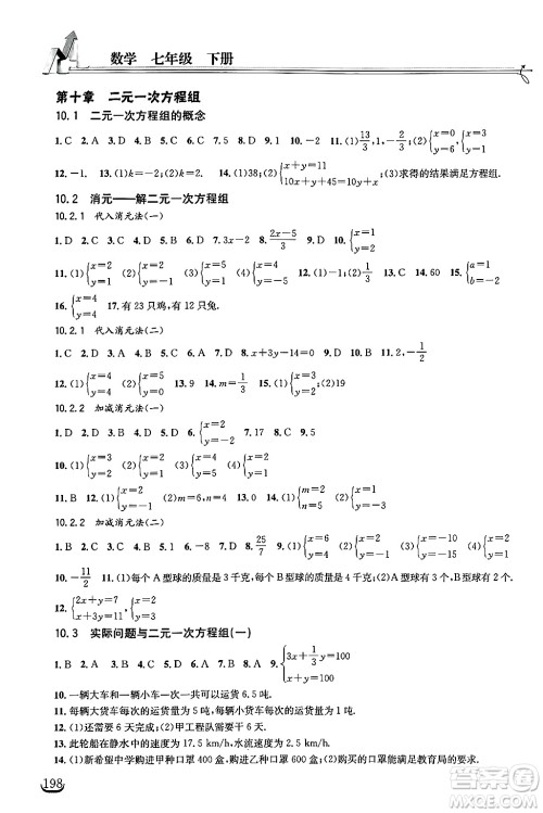 湖北教育出版社2025年春长江作业本同步练习册七年级数学下册人教版答案 湖北教育出版社2025年春长江作业本同步练习册七年级数学下册人教版答案