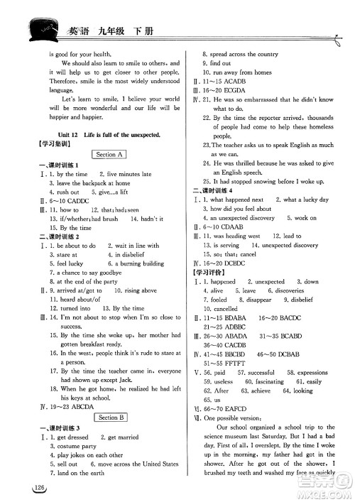 湖北教育出版社2025年春长江作业本同步练习册九年级英语下册人教版答案