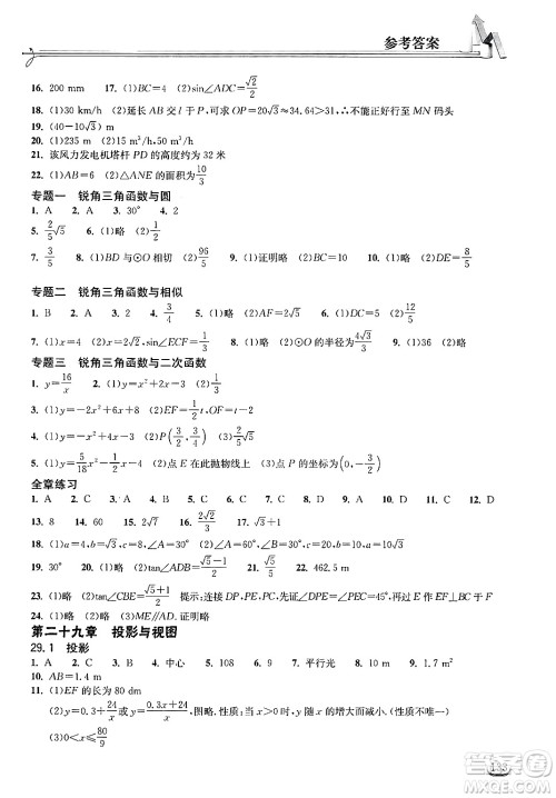 湖北教育出版社2025年春长江作业本同步练习册九年级数学下册人教版答案