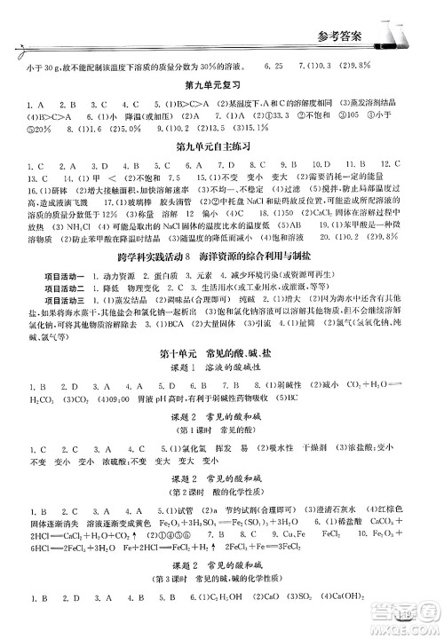 湖北教育出版社2025年春长江作业本同步练习册九年级化学下册人教版答案