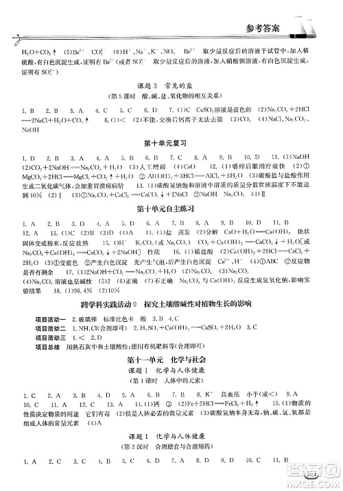 湖北教育出版社2025年春长江作业本同步练习册九年级化学下册人教版答案