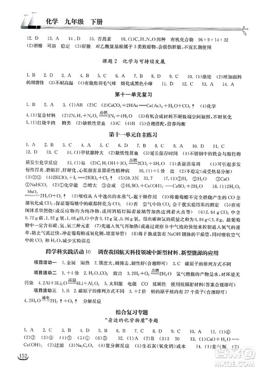 湖北教育出版社2025年春长江作业本同步练习册九年级化学下册人教版答案