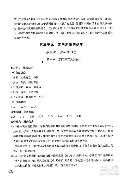 湖北教育出版社2025年春长江作业本同步练习册九年级道德与法治下册人教版答案 湖北教育出版社2025年春长江作业本同步练习册九年级道德与法治下册人教版答案