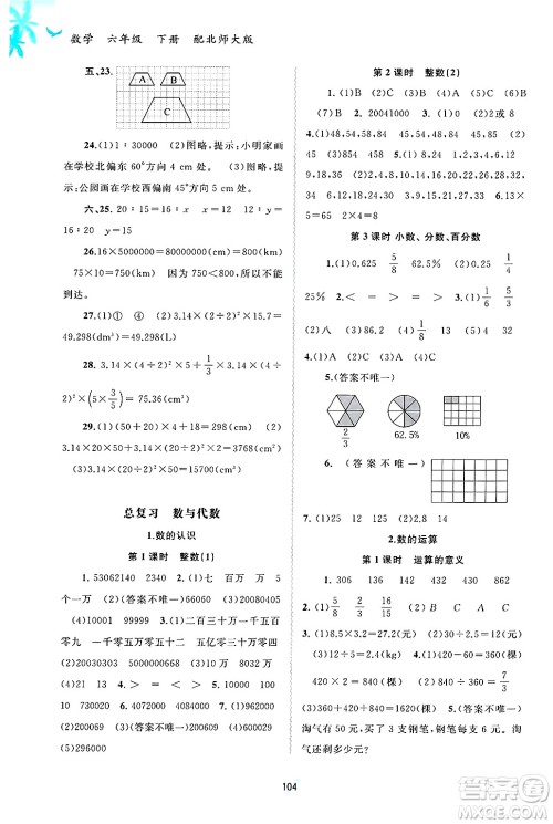 广西师范大学出版社2025年春新课程学习与测评同步学习六年级数学下册北师大版答案