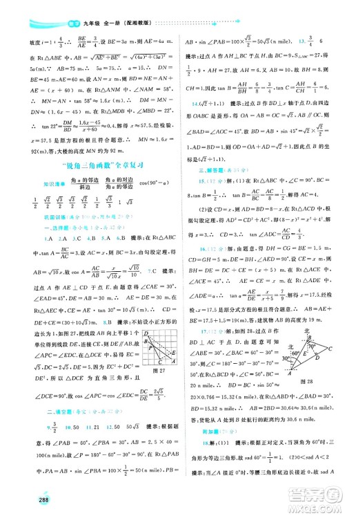 广西师范大学出版社2025年春新课程学习与测评同步学习九年级数学下册湘教版答案